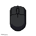 Pixel art of a dark gray computer mouse from a top-down perspective on a black background.
