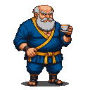 Elderly master in a blue gi and golden sash, holding a tea cup, with a white beard and furrowed brow.