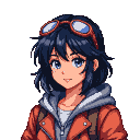Young woman with dark hair, blue eyes, orange jacket, grey hoodie, and red goggles on her head.