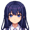 Anime girl with sapphire eyes and dark blue hair, wearing a white collared shirt and dark suspenders.