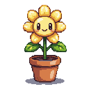 A pixelated sunflower with a smiling face and dark eyes, in a terracotta pot with green leaves.