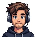 Young man with tousled brown hair, bright blue eyes, wearing a dark hoodie and large headphones, looking forward with a subtle smile.