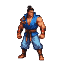 A muscular warrior in a blue gi, brown sash, light blue trousers, and brown boots, with red wristbands and dark hair in a topknot.