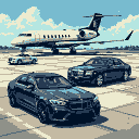 White private jet parked on tarmac with two dark luxury sedans and a light-colored car in the foreground and midground.