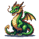 Vibrant green dragon with fiery orange accents, amber eyes, and partially unfurled wings, resting calmly.