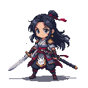 Determined swordswoman with dark hair in a red ribbon, wearing a grey and dark blue martial arts outfit with red sashes and gold pauldrons. She holds a gleaming unsheathed sword pointed forward, with her other hand on the hilt of a sheathed sword at her hip.