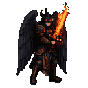 Dark warrior in obsidian armor with fiery orange accents, horned helmet, glowing eyes, and blazing sword. Large, shadowy feathered wings frame the figure.