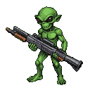 Menacing green alien with large dark eyes, muscular physique, pointed ears, and a wide toothy grin, holding an advanced rifle with a wooden stock and scope.
