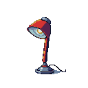 A red and purple desk lamp with a glowing bulb, its segmented arm a mix of blue and orange, on a black background.