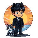 A young boy in a black suit smiles with a black and white cat beside him, silhouetted against a colorful sunset over a calm sea.