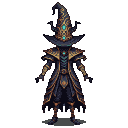 A dark magician in ornate midnight-blue robes and a tall, pointed hat with gold embellishments and teal gems.