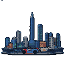 Stylized cityscape with blue skyscrapers and a blue and red sports car in the foreground, next to a white vehicle, against a black background.