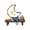 Crescent-moon-headed character in blue overalls sits on a wooden bench, holding a steaming mug of coffee.