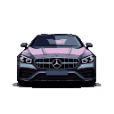 Front view of a pixelated Mercedes-Benz car with glowing headlights on a black background.