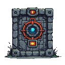 A dark fantasy game UI with a central glowing blue orb surrounded by a rusty red metallic frame, set within weathered grey stone. Smaller orange rectangular modules are integrated above and below the orb.