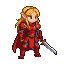 Elf warrior in crimson armor holding a gleaming sword, golden hair flowing, red cape billowing.