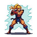 Fighter with blonde ponytail in blue and red gi, clenched fists, and pulsing light blue aura.