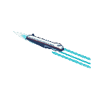 A dark airplane with white accents flies across a dark background, leaving a vibrant trail of electric blue contrails.