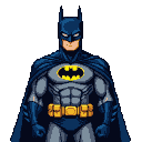 Batman in a grey suit with segmented armor, yellow bat symbol on chest, utility belt with golden pouches, dark blue cowl and cape.