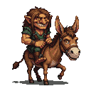 A mischievous troll with shaggy brown hair and pointed ears rides a curious donkey.