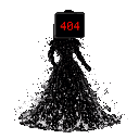 Fragmented digital silhouette with a black screen head displaying a blinking red "404" error message. A gown of white noise static cascades from the head.