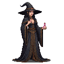 A witch in a flowing black gown with gold trim and a pointed hat with a red jewel holds a glowing pink vial.