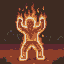 A figure engulfed in vibrant pixelated flames, arms raised dramatically against a dark, smoky background.