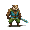 Badger warrior in teal tunic and green trousers, holding an ice-blue sword.