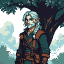 Fair-haired elf with pointed ears, wearing a teal shirt, brown trousers, and a leather chest strap, stands in a dappled forest.