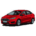 A red 2019 Ford Fusion sedan with illuminated headlights and silver alloy wheels, shown in a side profile against a black background.