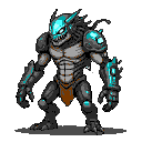 Muscular humanoid torso and snarling head with glowing cyan eyes, dark hair, and cybernetic legs with clawed feet. Cyan energy lines accent grey metallic armor.