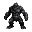 A hulking obsidian rock monster with jagged, dark stone musculature and a craggy, bestial head with sharp, pixelated teeth bared in a snarl.