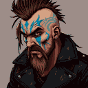 Grim post-apocalyptic gang leader with blue tribal face paint, scars, and a black leather trenchcoat against a hazy yellow-orange sky.