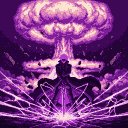 Cloaked figure with glowing sword stands defiantly before a colossal mushroom cloud explosion, surrounded by jagged energy lines.