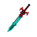 A fearsome demon sword with a glowing cyan blade and crimson, claw-like hilt and crossguard.