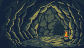 A lone torch illuminates a winding path into a dark cavern with rough rock formations.