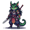 Emerald-scaled reptilian warrior with segmented armor, flowing sash, and piercing orange eyes, holding a gleaming sword and another sheathed on its back.