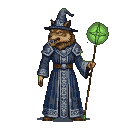 A brown-furred wolf-headed wizard in a deep blue, ornate robe and pointed hat, holding a staff with a glowing green orb.