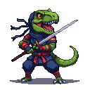 T-Rex in dark blue ninja gi with red sash and armbands, gripping a katana defensively.