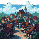 A medieval town with stone and wood houses, smoking chimneys, and cobblestone paths under a blue sky with white clouds.