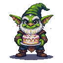 A cheerful goblin in a green cap and rustic clothes holds a frosted birthday cake with lit candles.