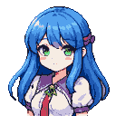 Anime girl with flowing blue hair, emerald green eyes, a purple bow in her hair, wearing a white blouse with a purple collar and red tie.