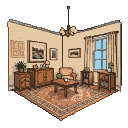 A cozy, dimly lit room corner with a plush armchair, wooden coffee table, and two flanking cabinets. One cabinet holds a potted plant, the other has trinkets. Framed art hangs above the cabinets. A window with sheer curtains lets in soft blue light, and a chandelier hangs from the ceiling.
