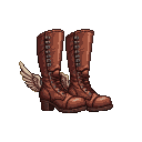 Brown leather boots with feathered wings attached to the heels, presented as a 2D game asset.