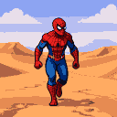 Spider-Man in his red and blue suit walks across a desert with sand dunes under a pale blue sky with clouds.