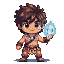 Chibi cave boy hunter with brown hair, leopard print loincloth, and crocodile tooth necklace, holding a glowing blue crystal.