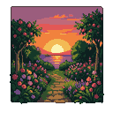 Garden path leading to water under a golden sunset, with fruit trees and colorful blooming flowers.