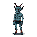 Blue-skinned creature with sharp red horns and glowing crimson eyes, muscular build, wearing dark blue briefs and dark red boots.