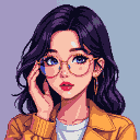 Young woman with blue eyes, purple hair, and red lips adjusts her round glasses. She wears a mustard-yellow jacket over a white top.