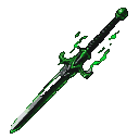 A black longsword with a silvered blade, engulfed in pixelated green flames.
